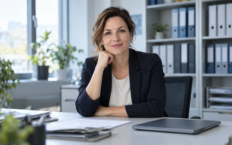 Frau am Schreibtisch eines Büros, vor ihr Unterlagen und ein Laptop