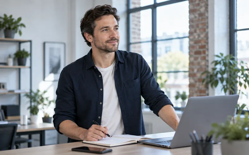 Mann an einem Stehtisch im eigenen Büro, mit Laptop und Notizbuch