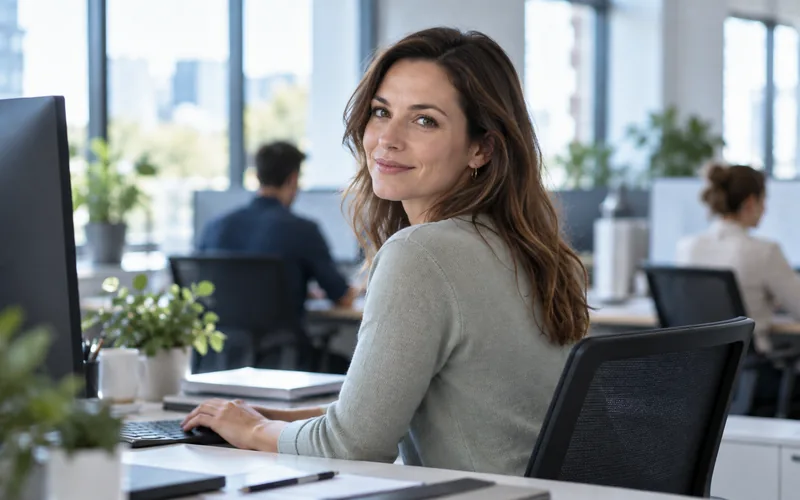Frau am Schreibtisch in einem hellen Büro, im Hintergrund Kollegen