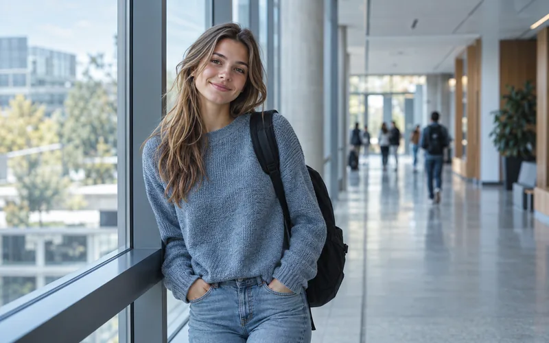 Junge Frau mit Rucksack auf einem hellen Universitätsflur