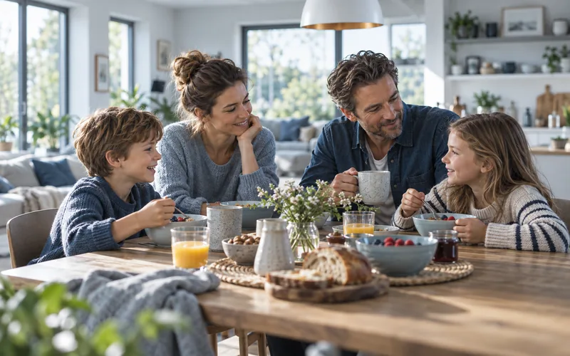 Familie mit zwei Kindern am Esstisch einer hellen Wohnküche