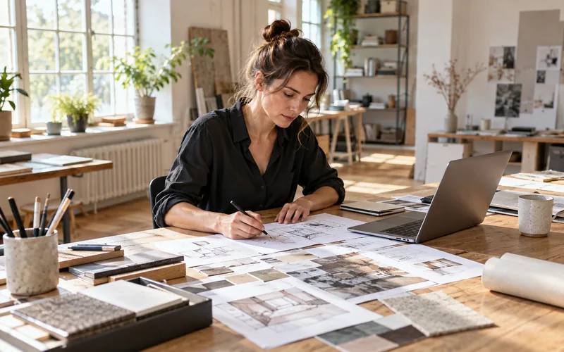 Frau Mitte dreißig an einem großen Arbeitstisch in einem hellen Atelier, vor ihr Entwürfe und ein Laptop