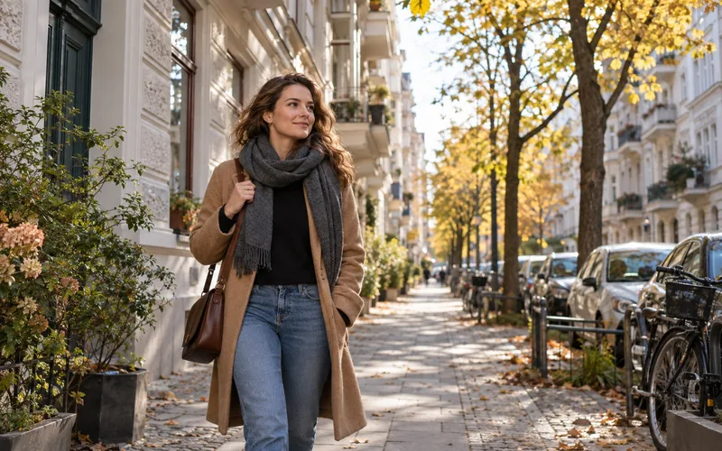 Frau mit Umhängetasche auf dem Gehweg einer Altbaustraße, Stuckfassaden und Herbstlaub