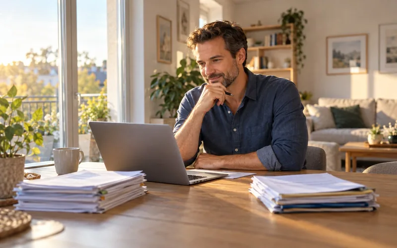 Mann am Esstisch einer hellen Wohnung, vor ihm zwei Stapel Unterlagen und ein Laptop