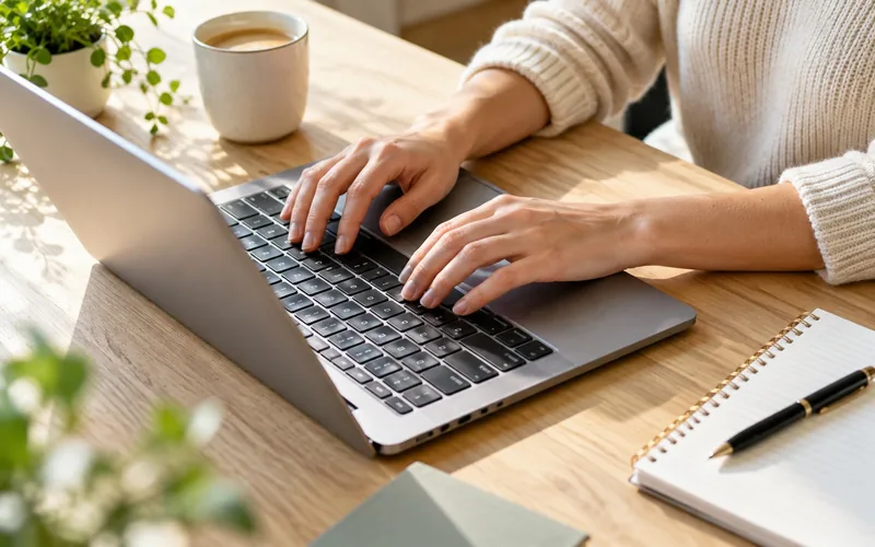 Hände über der Tastatur eines Laptops auf einem Holztisch, daneben Notizblock und Tasse