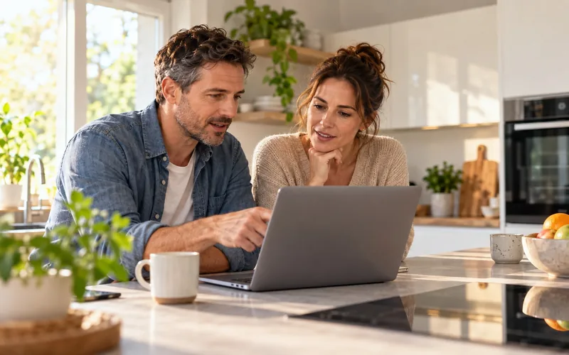 Paar an einem Küchentresen vor einem Laptop, beide schauen auf den Bildschirm
