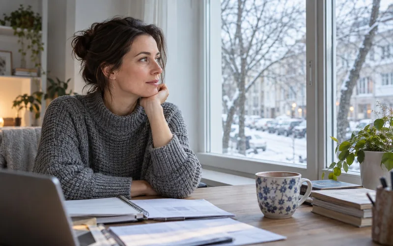 Frau am Schreibtisch vor einem Fenster, draußen eine winterliche Straße, auf dem Tisch Unterlagen