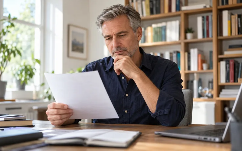 Mann am Schreibtisch eines Arbeitszimmers, in der Hand ein Blatt Papier, Bücherregal dahinter