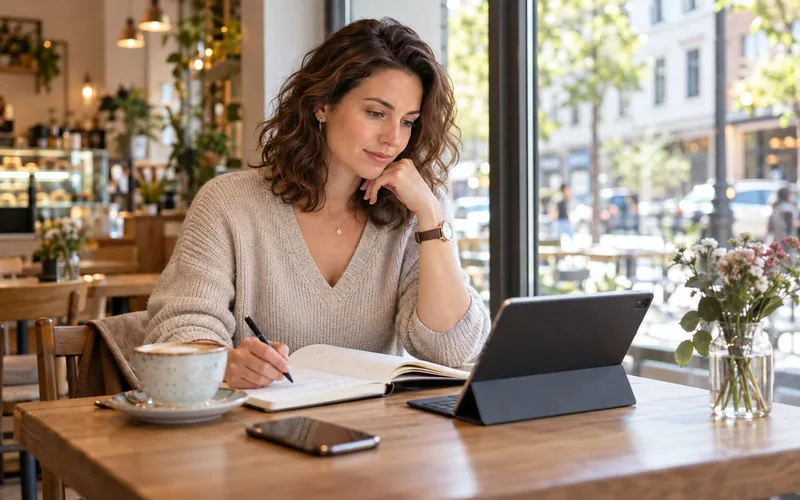 Frau an einem Cafétisch am Fenster, vor ihr ein Tablet und ein aufgeschlagenes Notizbuch