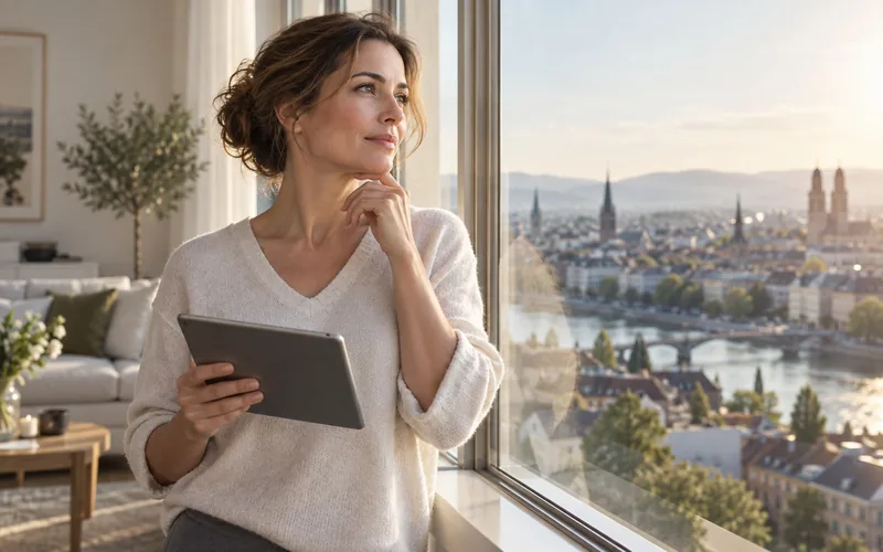 Frau mit einem Tablet an einem großen Fenster, dahinter der Blick über eine Stadt
