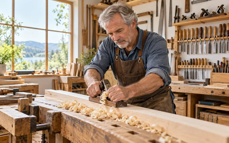 Mann um sechzig an einer Hobelbank in einer hellen Holzwerkstatt