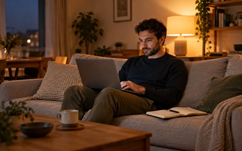Mann auf einem Sofa mit Laptop auf den Knien, daneben ein Notizbuch, abends bei Lampenlicht