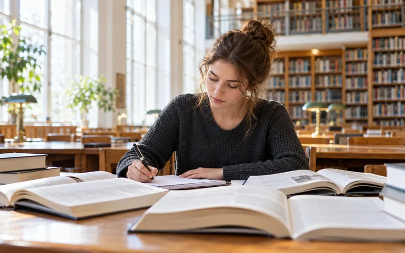 Junge Frau an einem langen Tisch in einer hellen Bibliothek, vor ihr aufgeschlagene Bücher