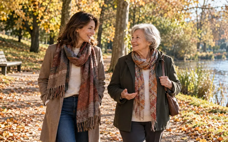 Zwei Frauen verschiedener Generationen gehen nebeneinander durch einen herbstlichen Park