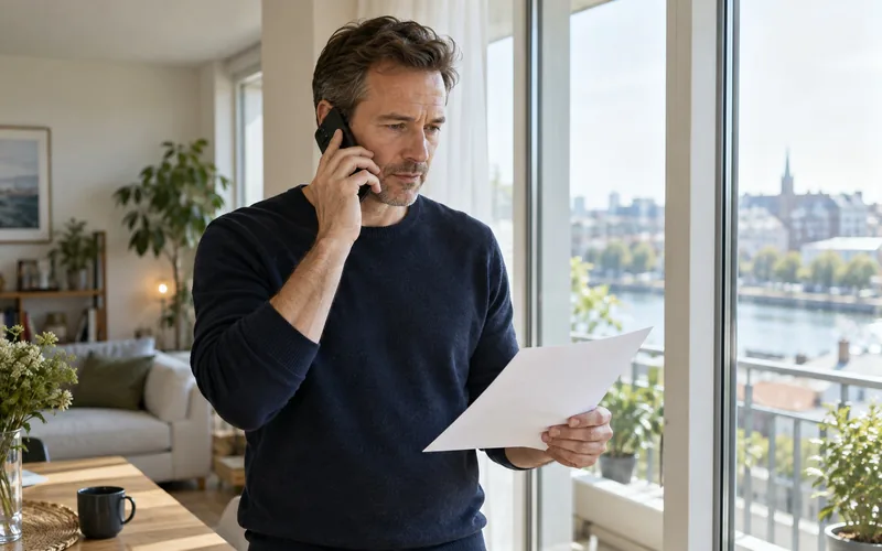 Mann telefoniert am Fenster einer hellen Wohnung, in der Hand ein Blatt Papier
