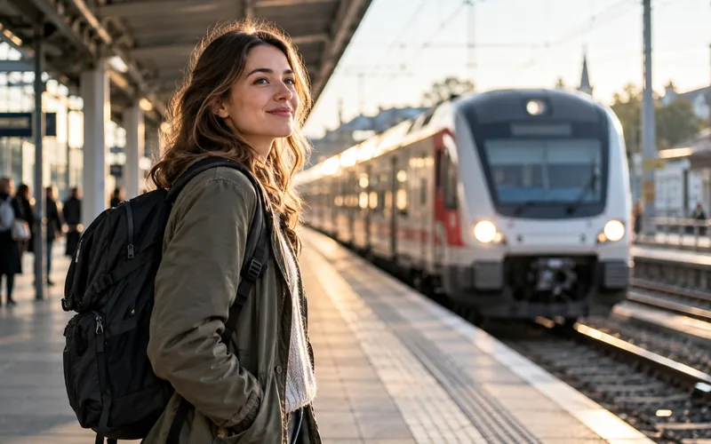 Junge Frau mit Rucksack auf einem Bahnsteig, im Hintergrund fährt ein Zug ein