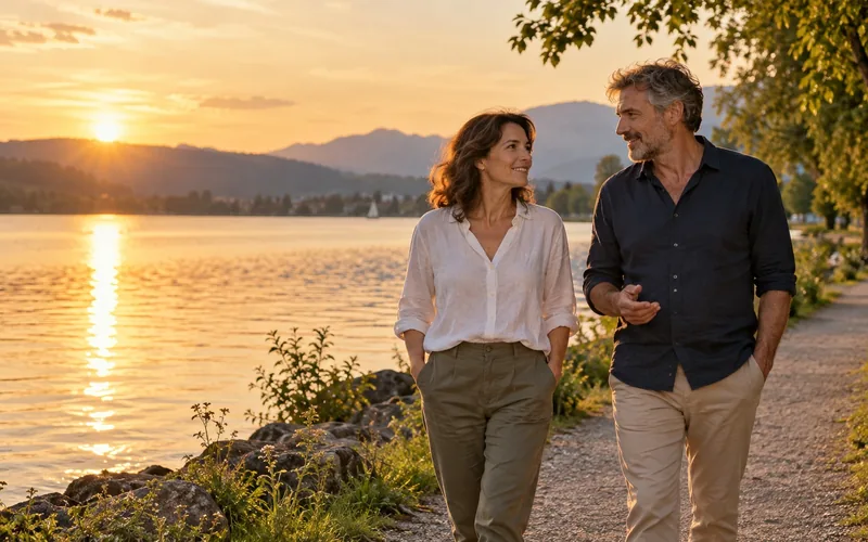 Paar um fünfzig geht einen Weg am Ufer eines Sees entlang